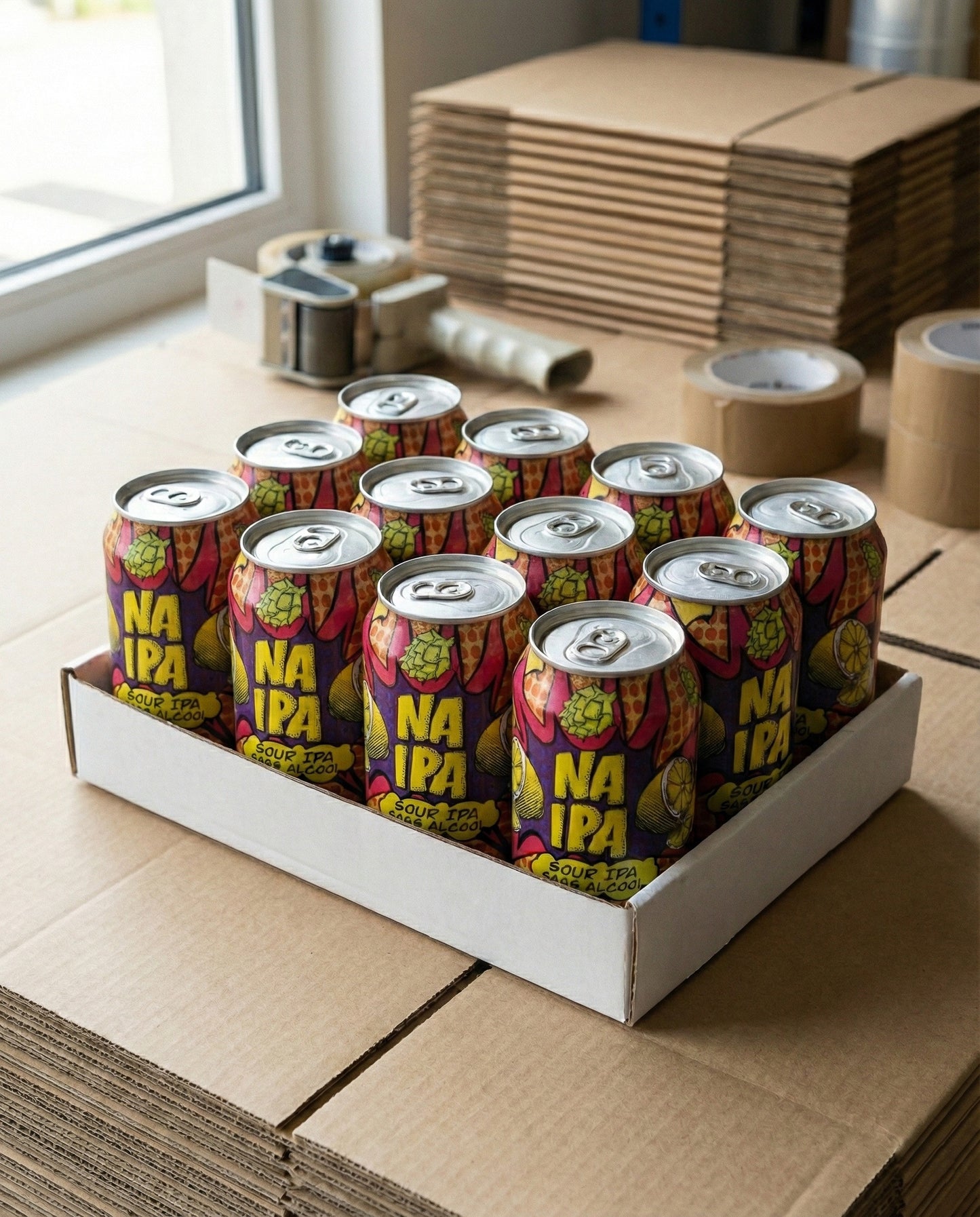 Twelve Avant-Garde NA Sour IPA alcohol-free beer cans in a white cardboard tray