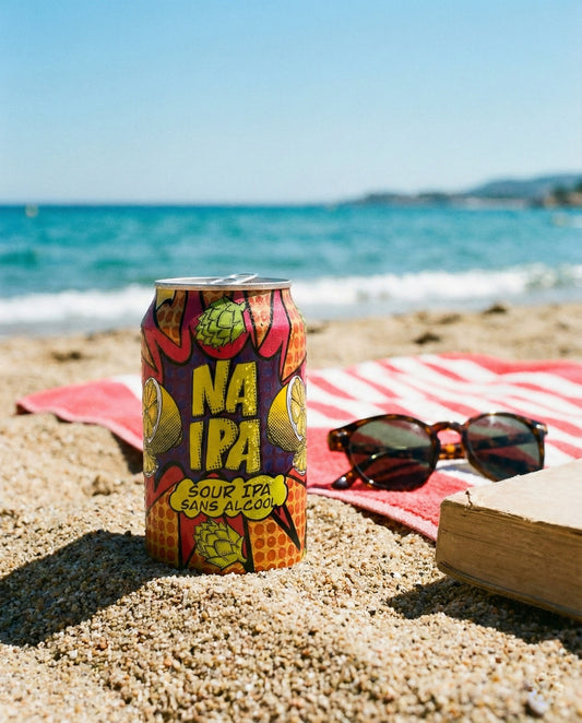 Avant-Garde NA Sour IPA can in beach sand beside a striped towel and sunglasses