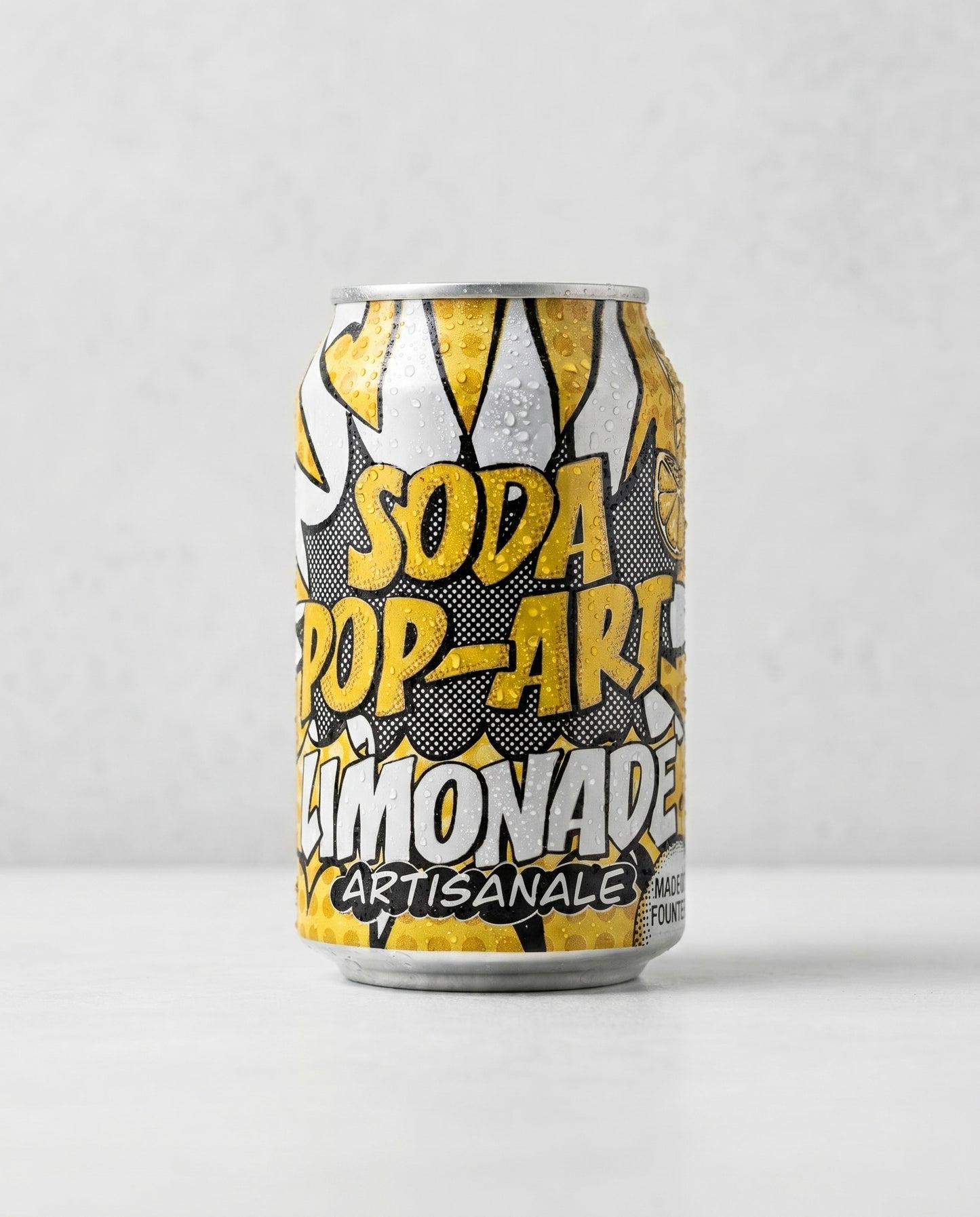 Avant Garde Soda Pop-Art Limonade can front view on concrete background