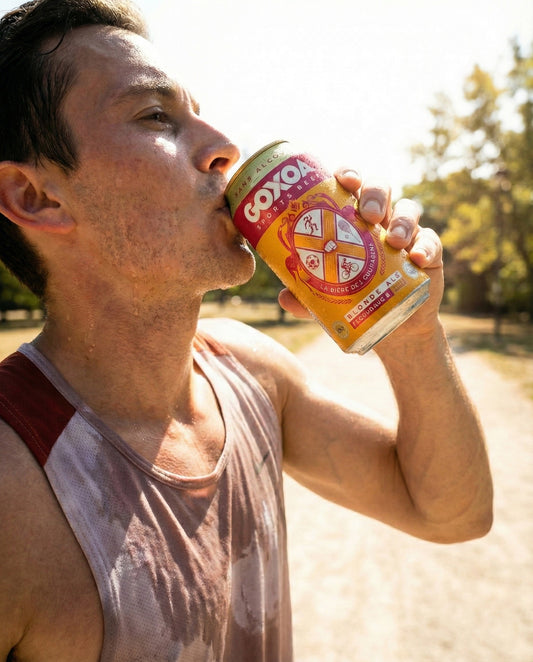 Goxoa Sportsbeer Blonde can on stone step in Provençal village with running shoes, towel and runner at golden hour