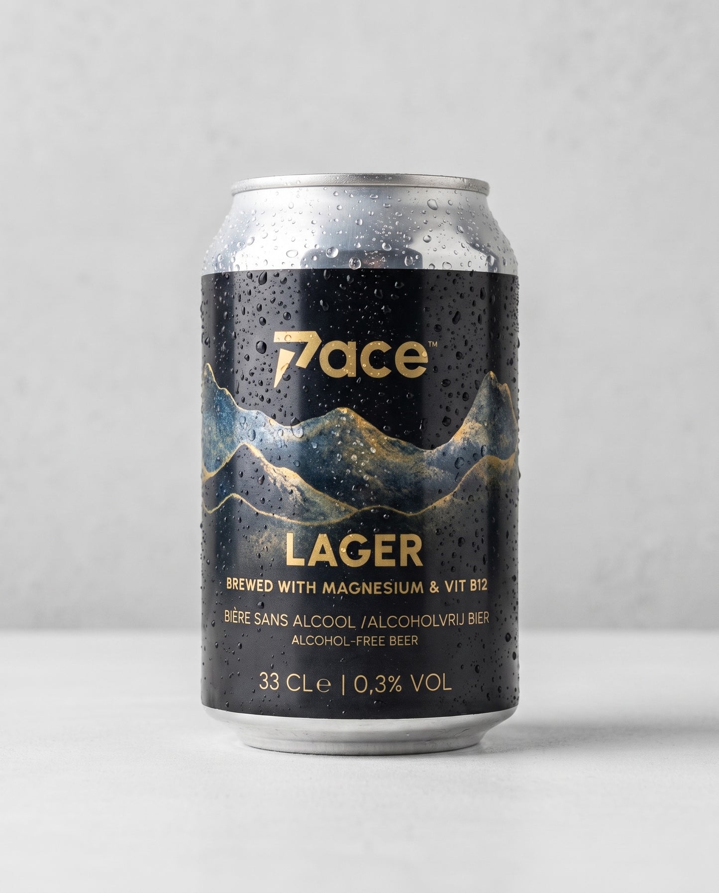 Pace Lager 0.3% functional alcohol-free beer can front view on concrete background