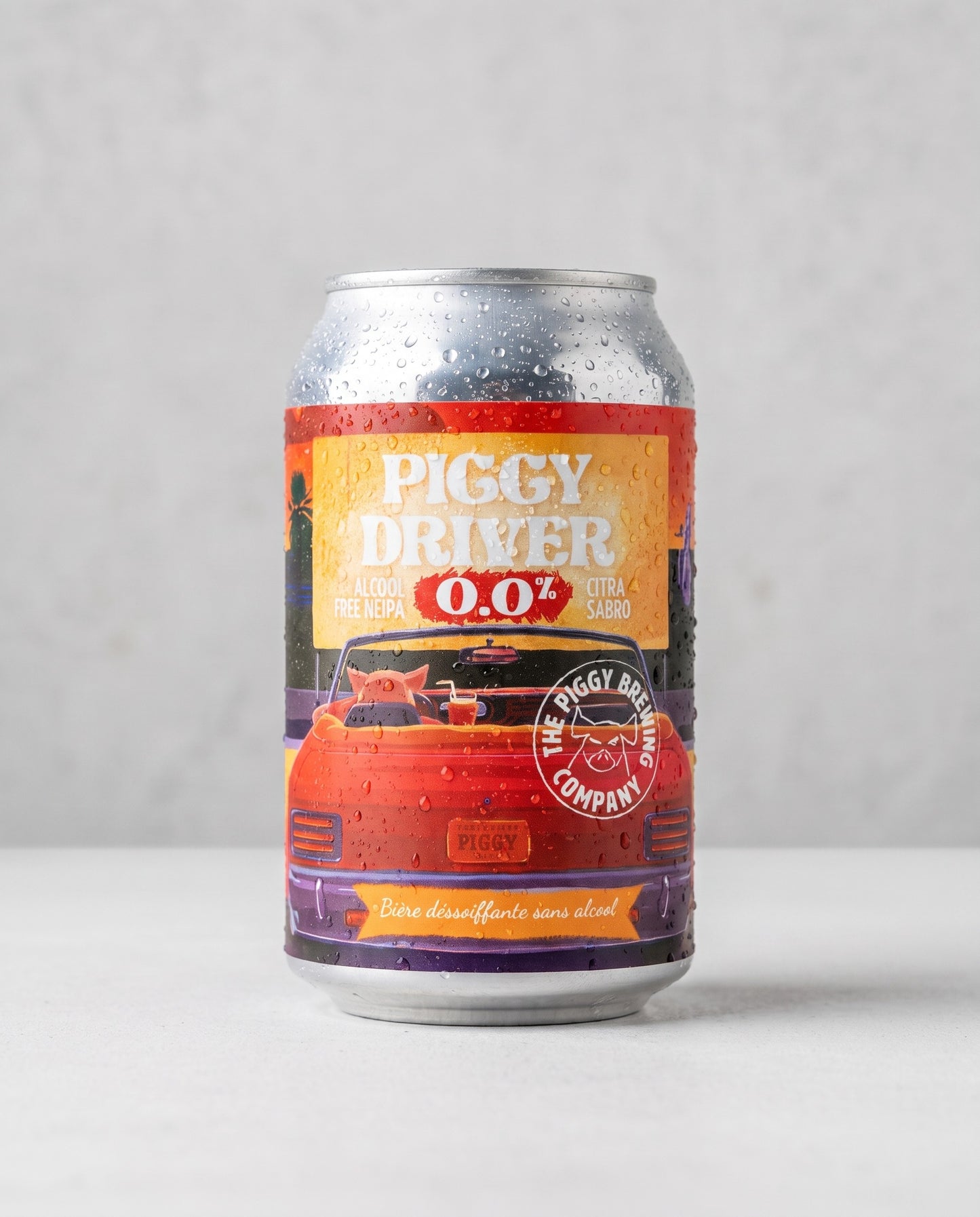 Piggy Driver 0.0% NEIPA can, orange sunset label, front view