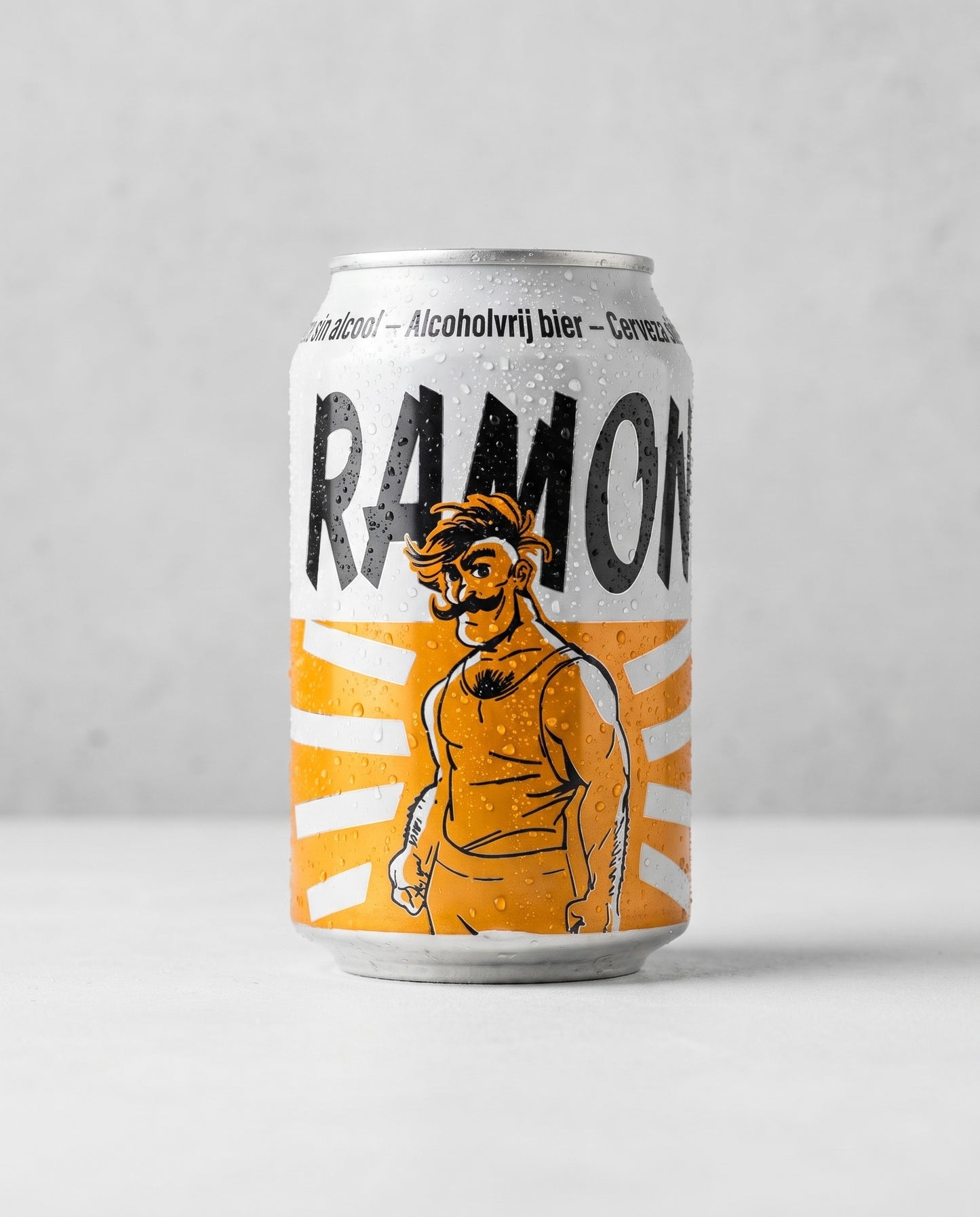 Ramon 0.3% alcohol-free beer can front view on concrete background