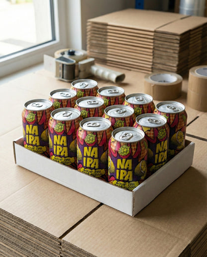 Twelve Avant-Garde NA Sour IPA alcohol-free beer cans in a white cardboard tray