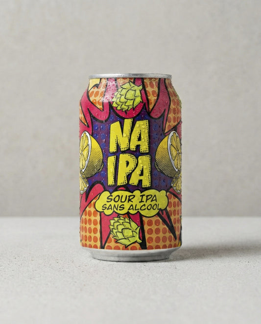 Avant-Garde NA Sour IPA alcohol-free beer can front view on concrete background