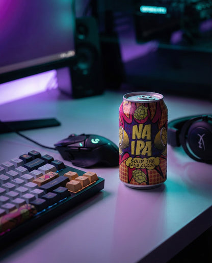 Avant-Garde NA Sour IPA can on a neon-lit desk beside a keyboard and headphones