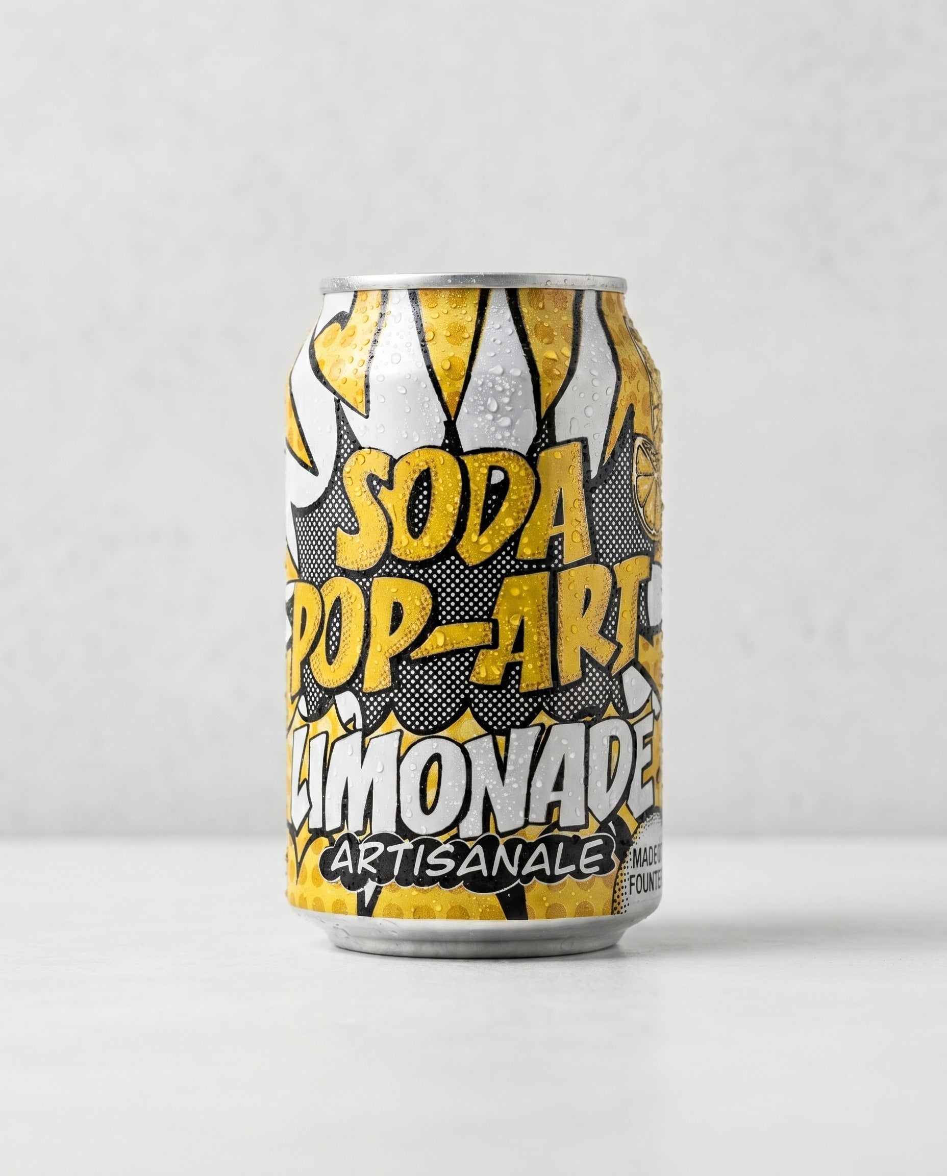 Avant Garde Soda Pop-Art Limonade can front view on concrete background