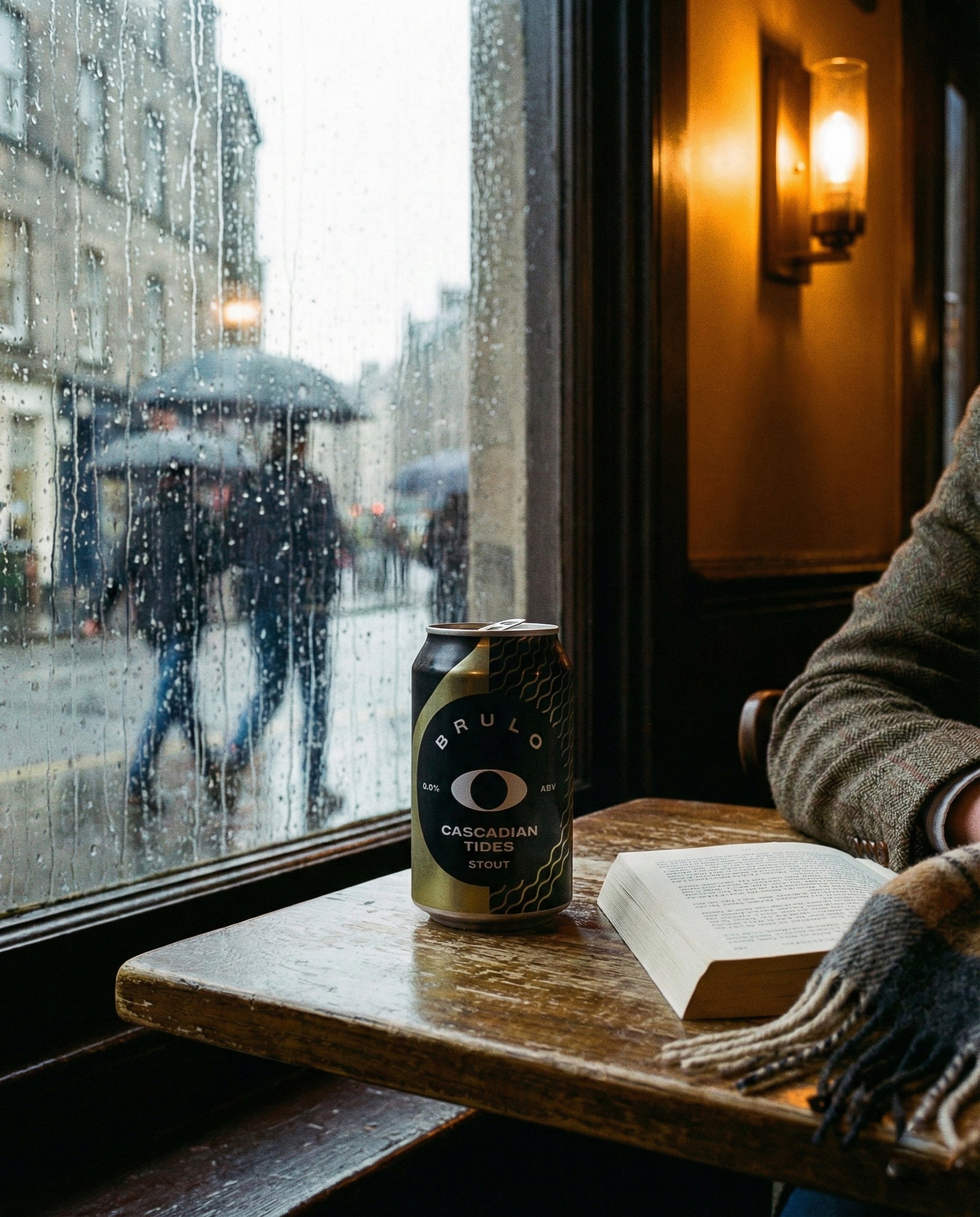 Brulo Cascadian Tides can on an Edinburgh tenement windowsill on a rainy afternoon