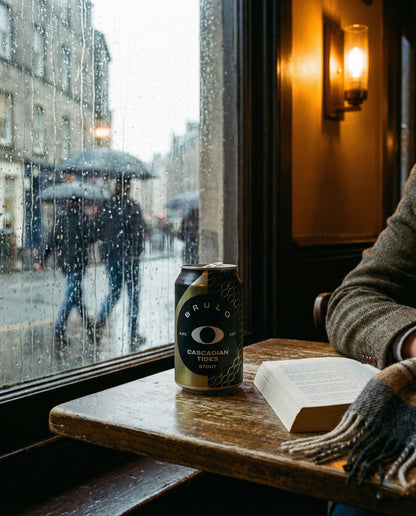 Brulo Cascadian Tides can on an Edinburgh tenement windowsill on a rainy afternoon