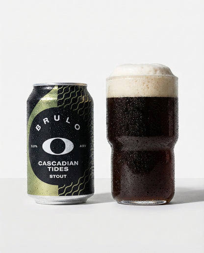 Brulo Cascadian Tides poured into a glass with foam head