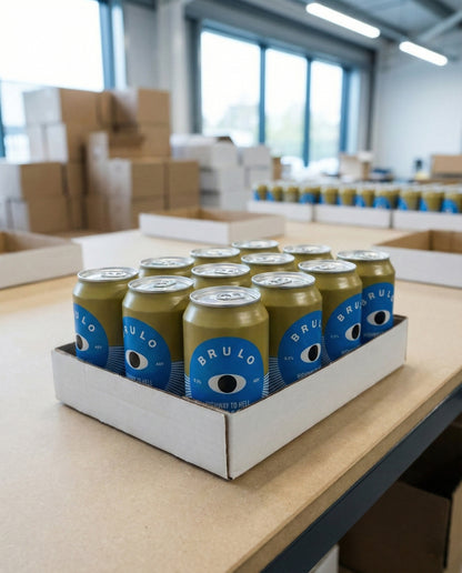 Twelve Brulo Highway to Helles alcohol-free lager cans in a cardboard tray