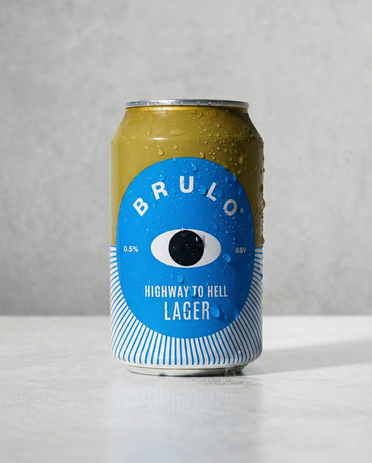 Brulo Highway to Helles 0.5% alcohol-free Helles lager can front view on concrete background