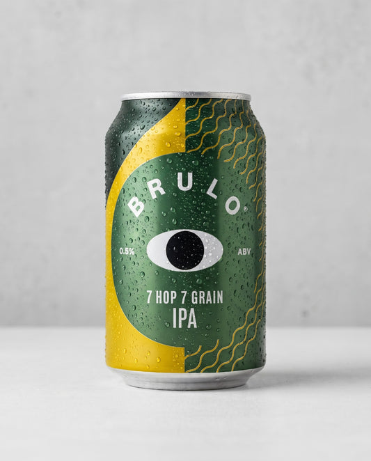 Brulo Seven Hop Seven Grain IPA 0.5% alcohol-free can front view on concrete background