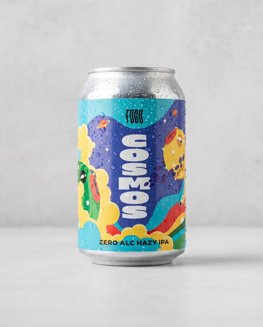Fugu Cosmos 0.2% zero-alcohol hazy IPA can front view on concrete background