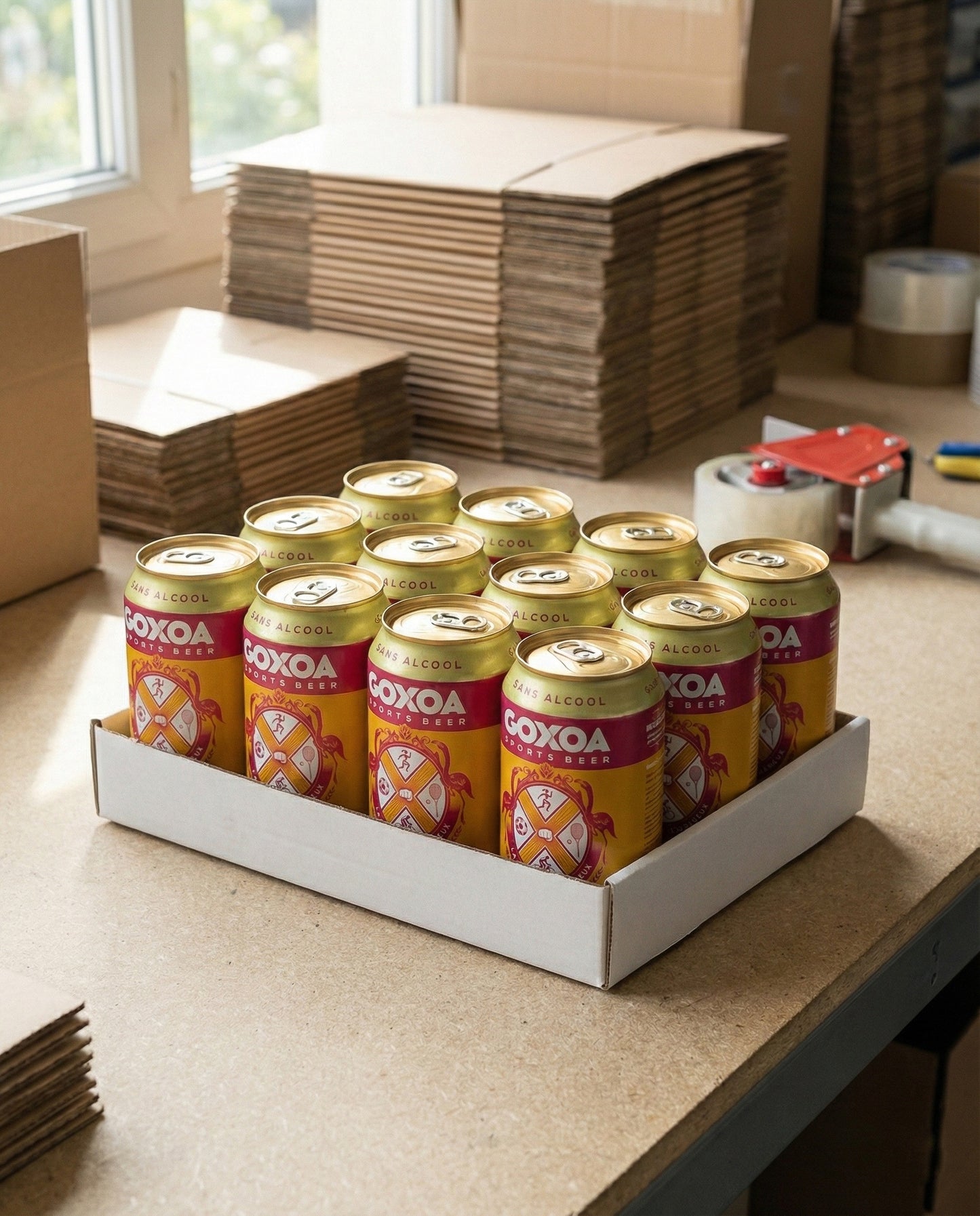 Twelve Goxoa Sportsbeer Blonde cans in a cardboard shipping tray on raw MDF