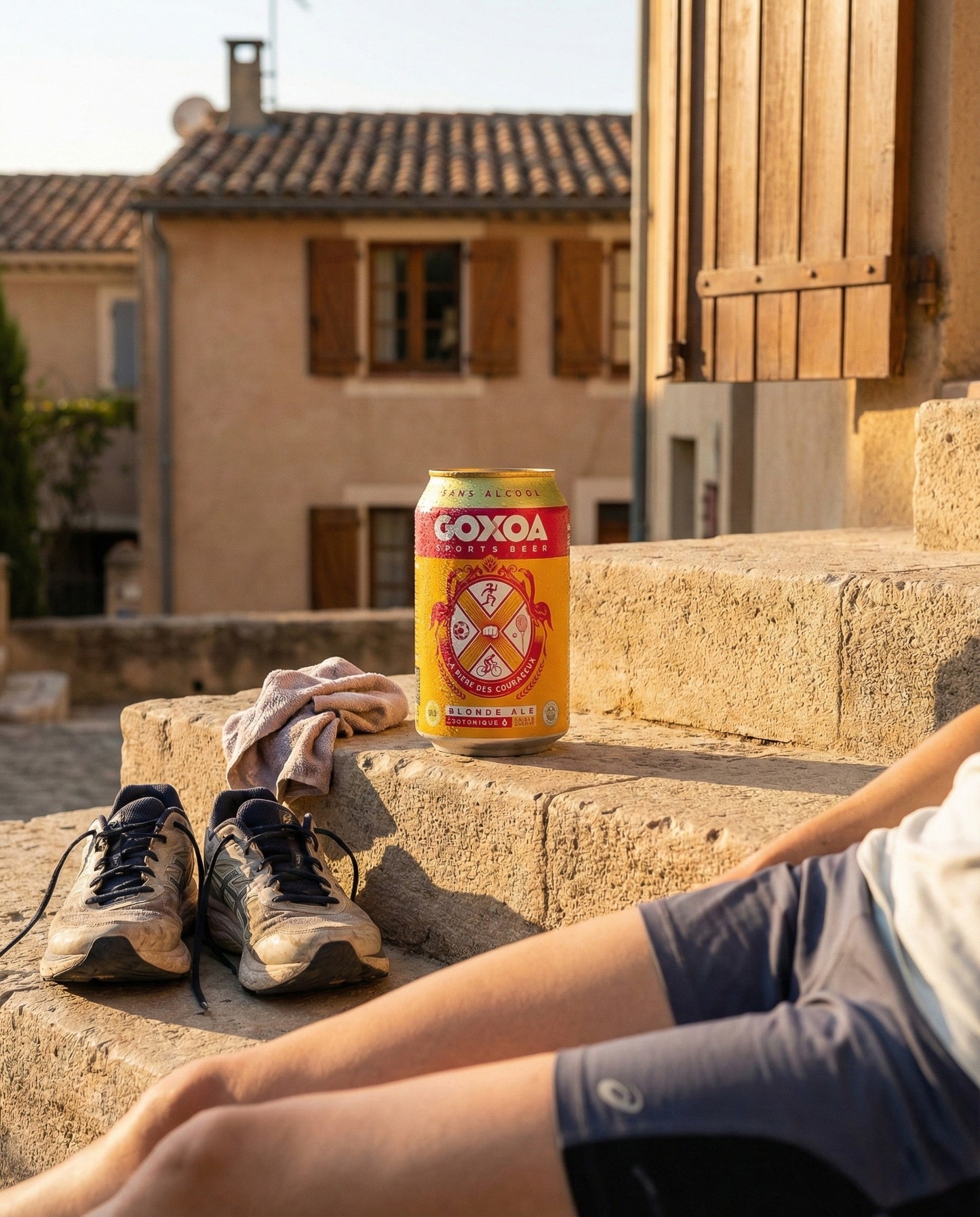 Goxoa Sportsbeer Blonde can on wooden bench by athletic track with Nike running shoes and towel at golden hour