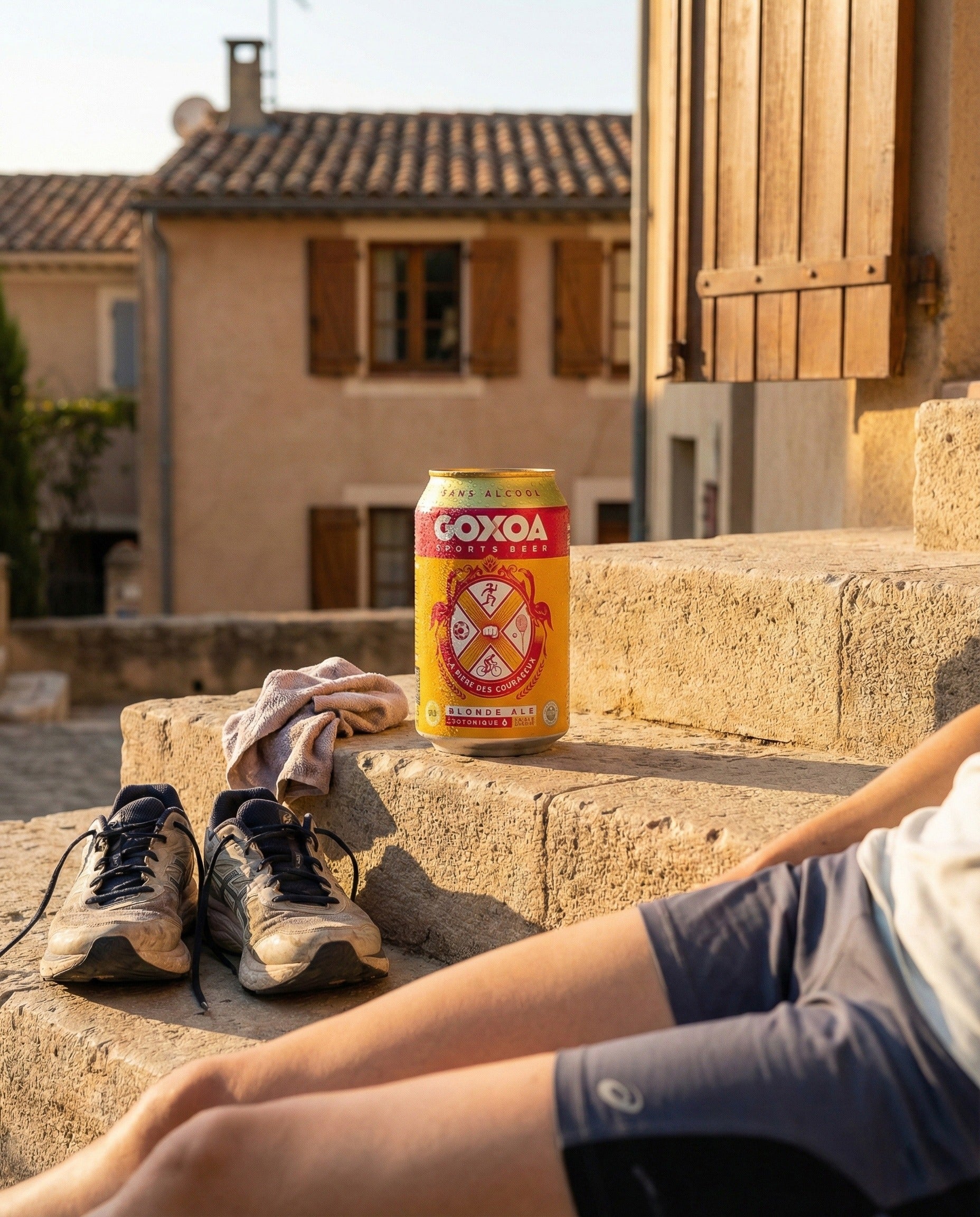 Goxoa Sportsbeer Blonde can on wooden bench by athletic track with Nike running shoes and towel at golden hour