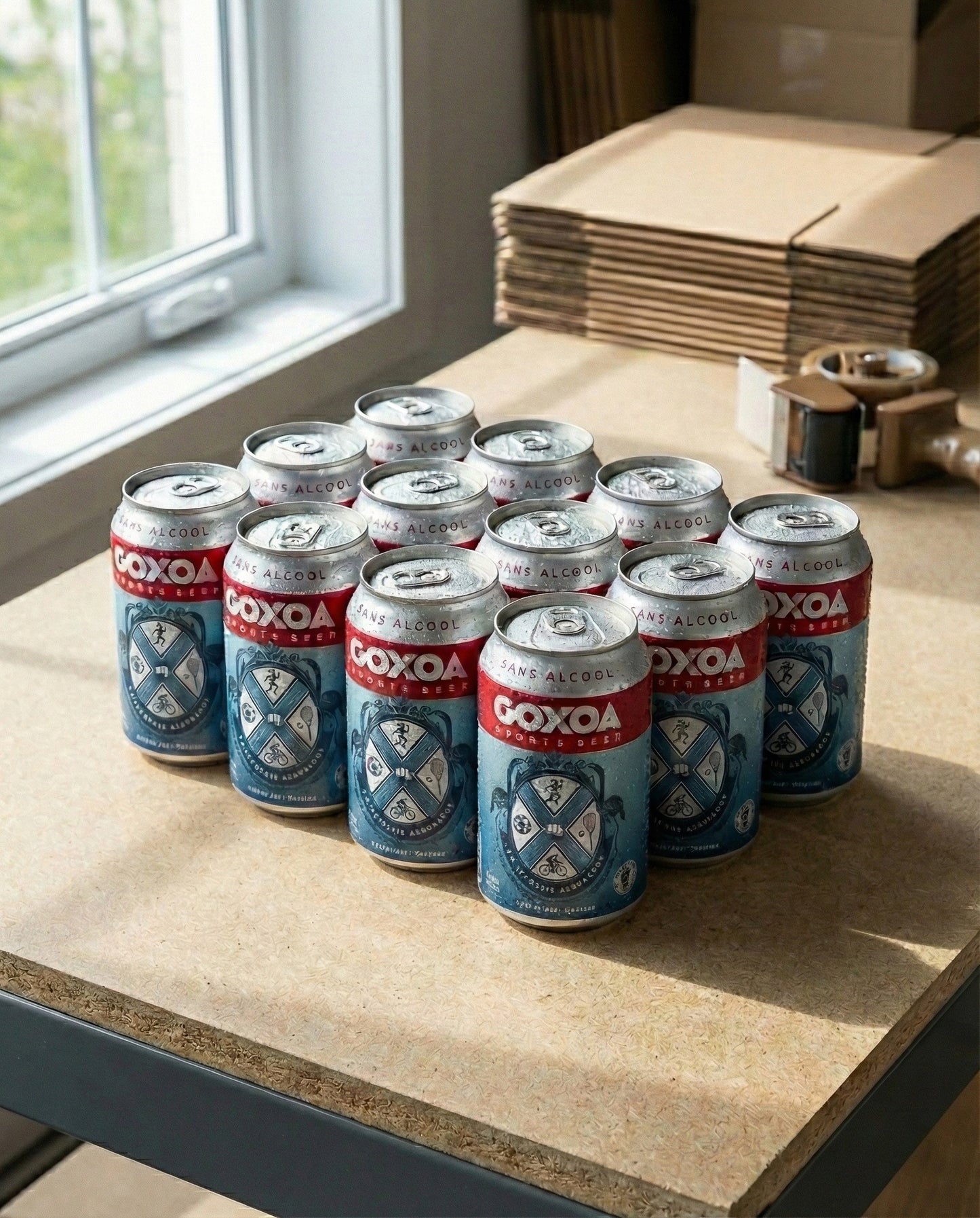Twelve Goxoa Sportsbeer IPA cans in a cardboard shipping tray on raw MDF