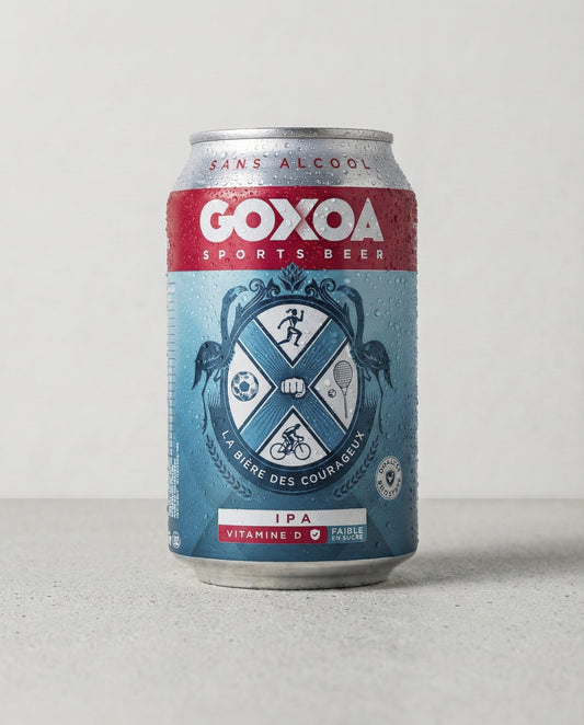 Goxoa Sportsbeer IPA can front view on concrete background