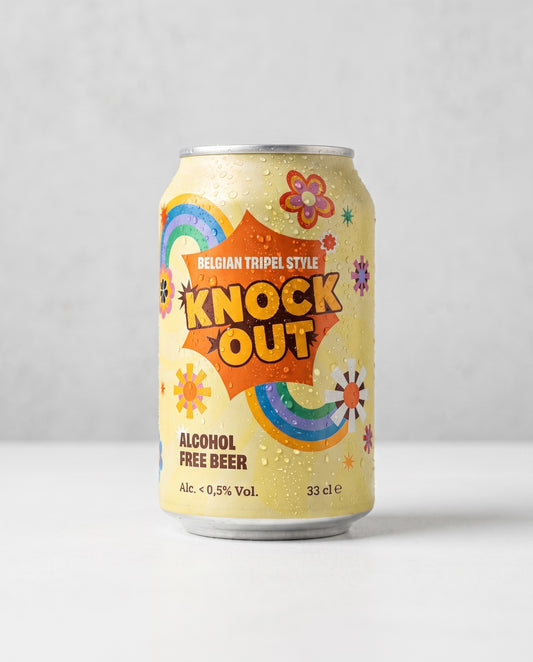 Knock Out Belgian Tripel alcohol-free beer can front view on concrete background
