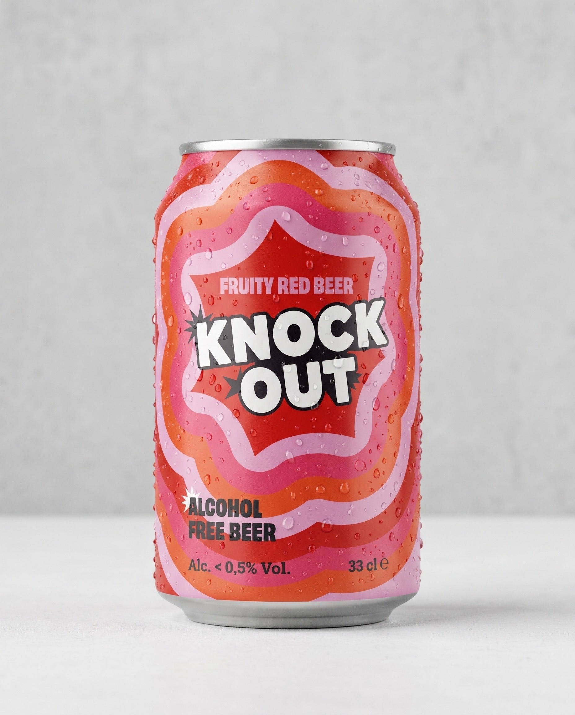 Knock Out Fruity Red alcohol-free beer can front view on concrete background