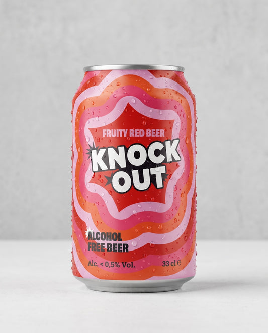Knock Out Fruity Red alcohol-free beer can front view on concrete background