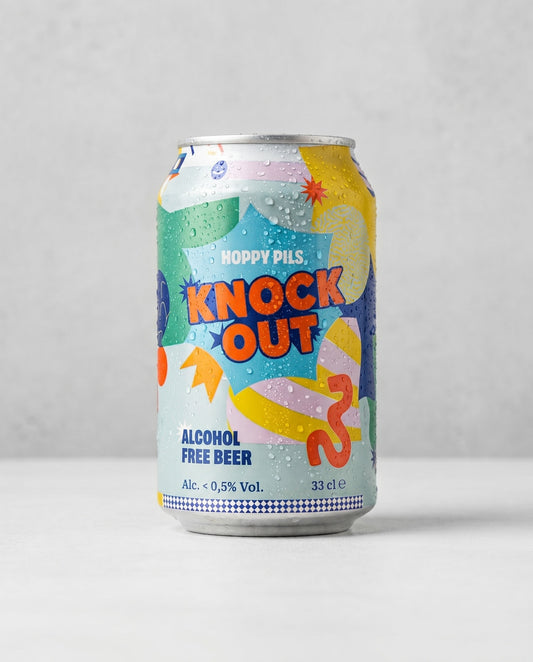 Knock Out Hoppy Pils organic gluten-free alcohol-free pilsner can front view on concrete background
