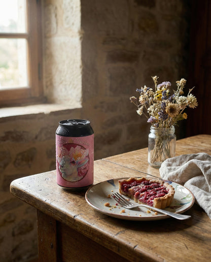 La Débauche Cute & Sober can on a meadow picnic at golden hour with cheese, baguette, and wildflowers