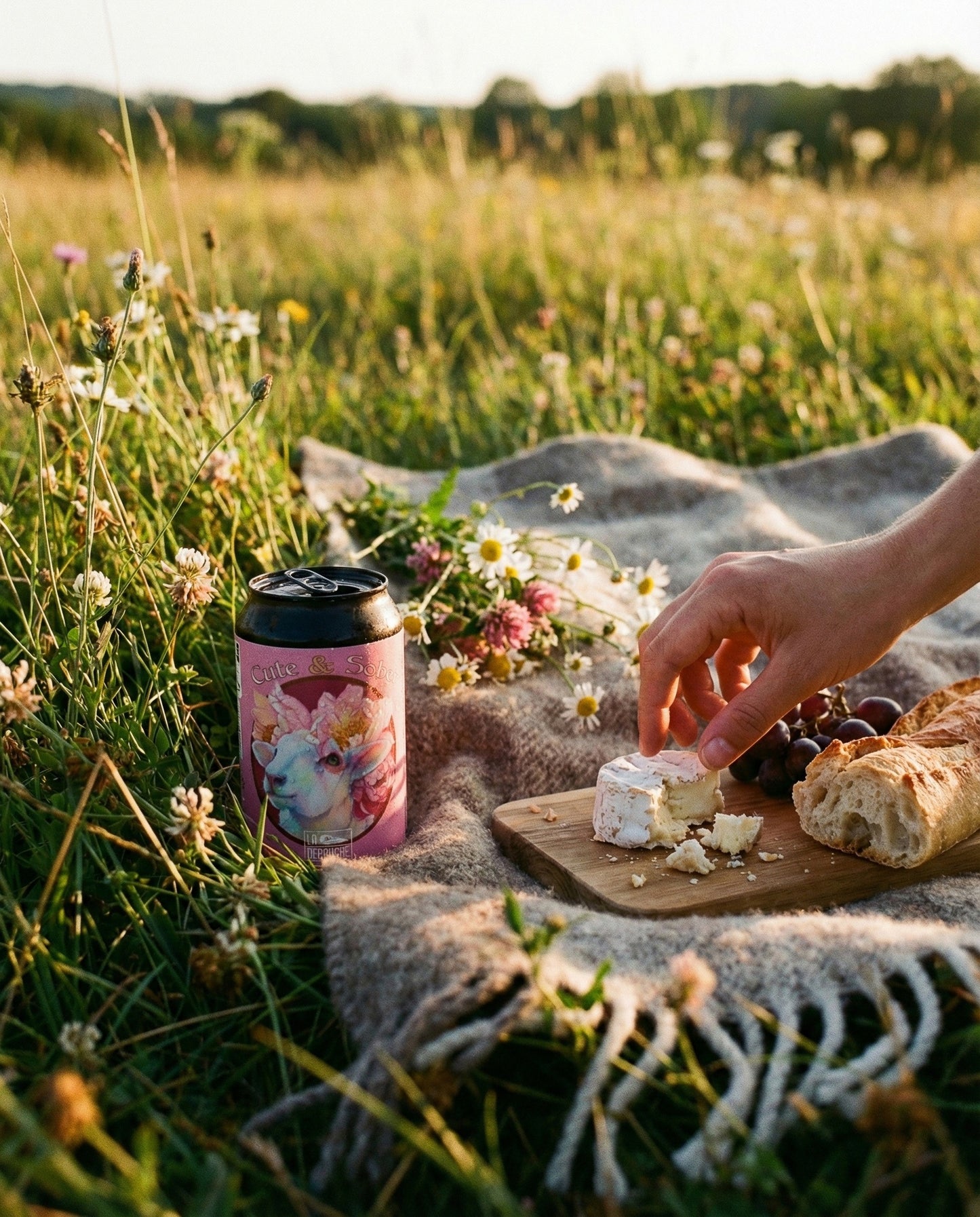 La Débauche Cute & Sober can on a wooden cottage table with a slice of raspberry tart and dried wildflowers