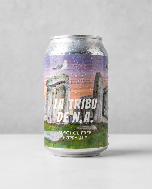 La Tribu de N.A. 0.4% alcohol-free IPA can front view on concrete background