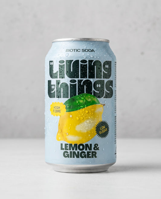 Living Things Lemon & Ginger biotic soda can front view on concrete background