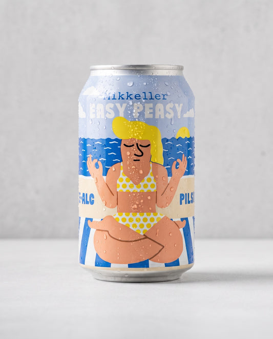Mikkeller Easy Peasy 0.3% non-alcoholic pilsner can front view on concrete background