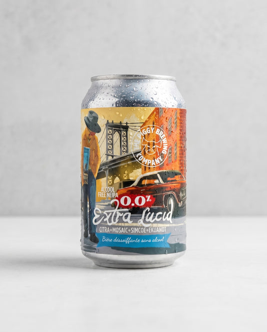 Piggy Brewing Extra Lucid 0.0% alcohol-free NEIPA can front view on concrete background