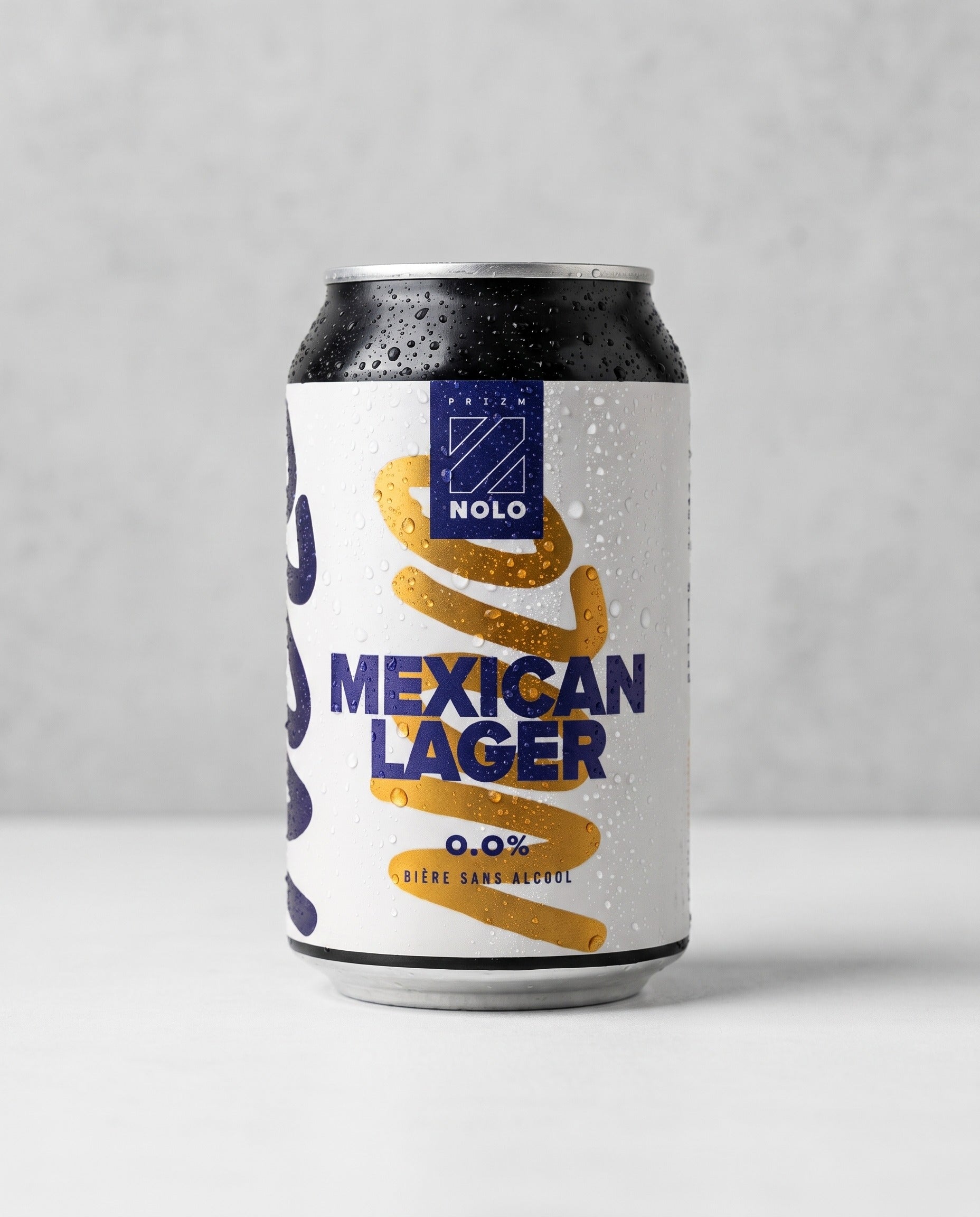Prizm NOLO Mexican Lager can front view on concrete background
