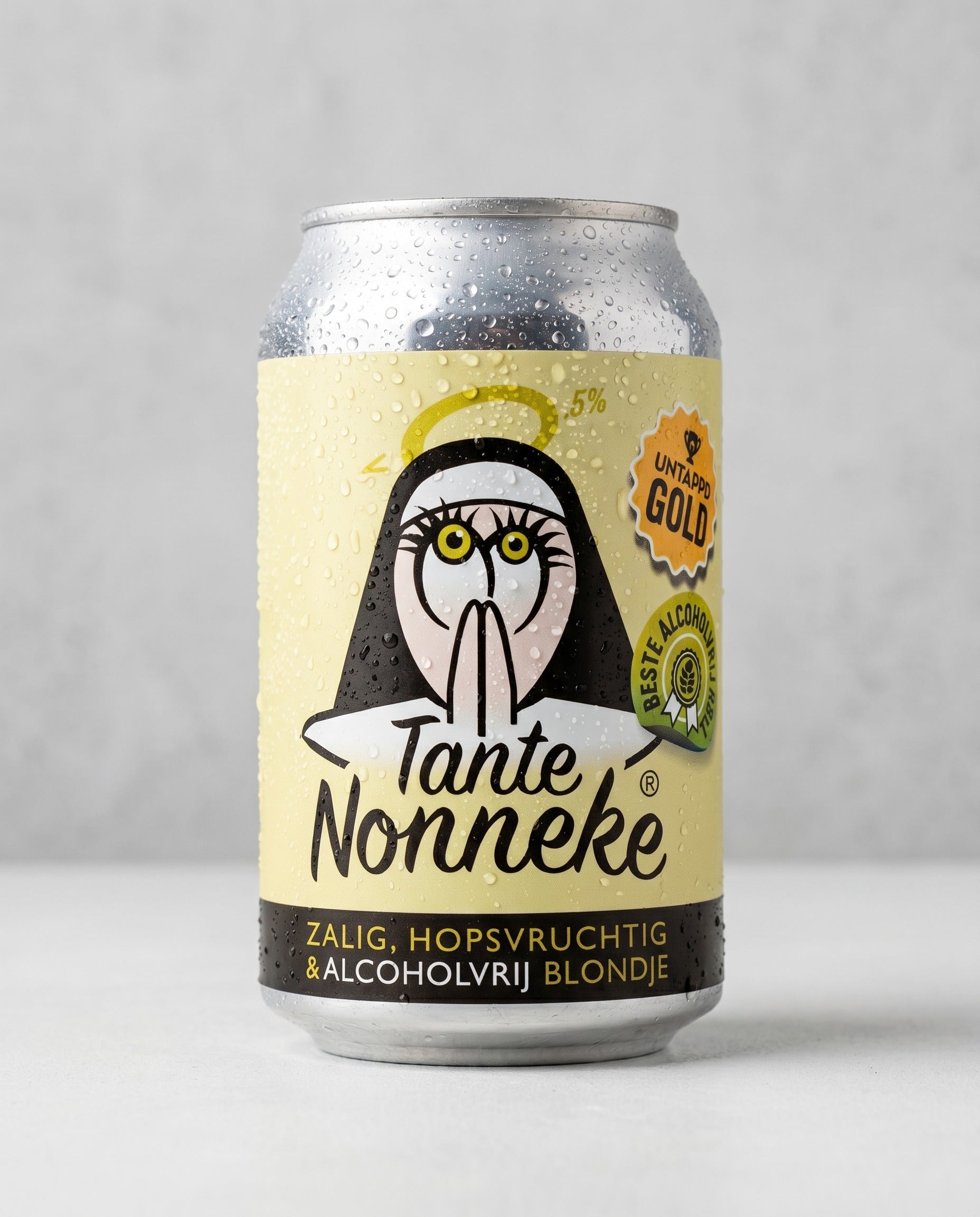 Tante Nonneke 0.5% blonde beer can, yellow label, front view