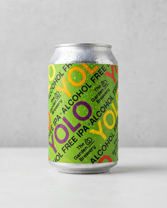 The Garden Brewery YOLO 0.0% alcohol-free DDH IPA can front view on concrete background