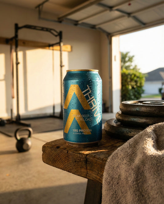 Thrive Peak Beer can on a reclaimed wood bench in a home garage gym at golden hour with weight plates and kettlebell