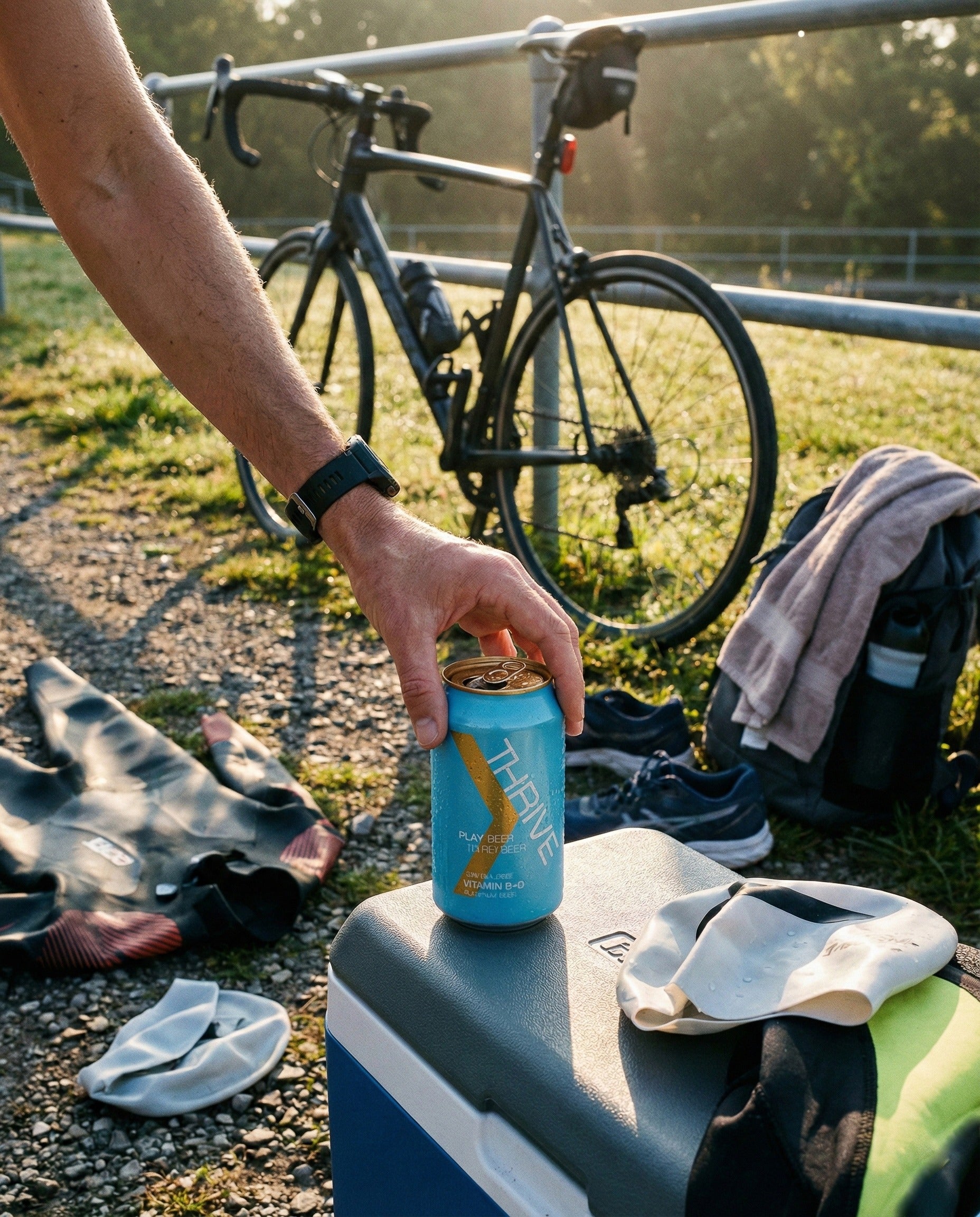 Thrive Play Beer can on cooler at triathlon transition with bike, wetsuit, swim caps and shoes at golden hour
