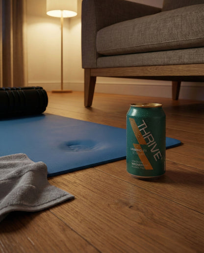 Thrive Unwind Beer can on wood floor with yoga mat, foam roller, towel, sofa and floor lamp in warm evening light
