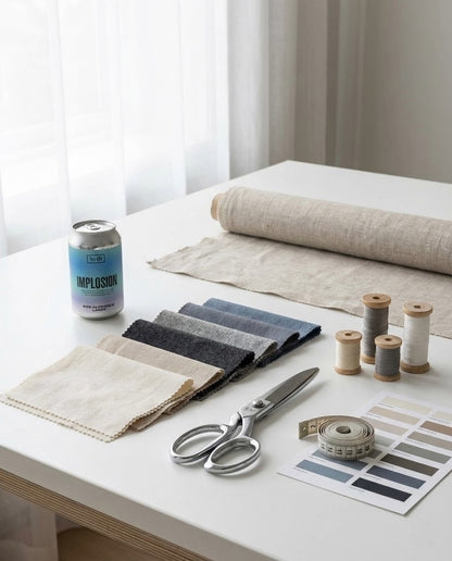To Øl Implosion Lager can on white table in tailoring studio with fabric swatches, scissors, thread, tape measure