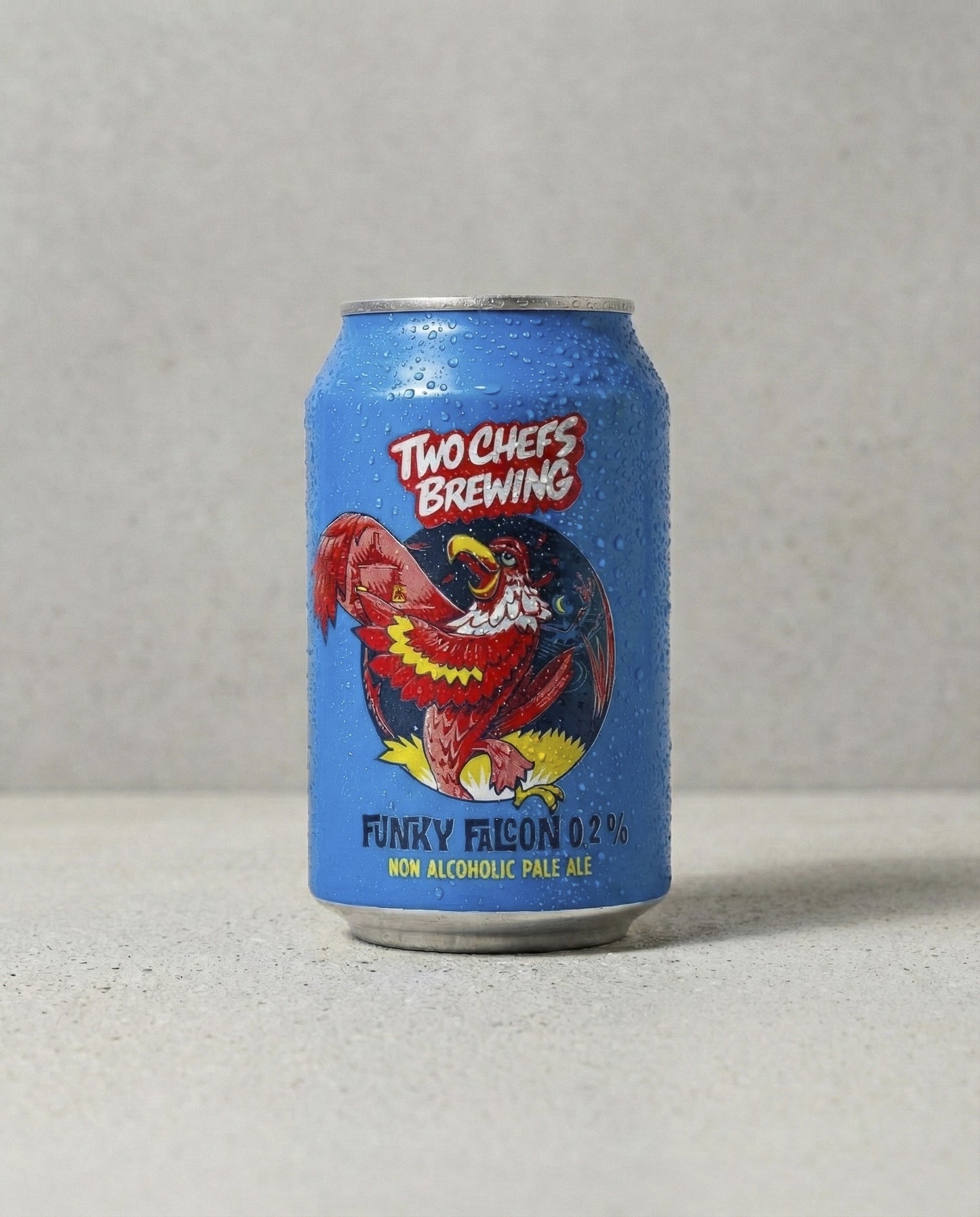 Two Chefs Brewing Funky Falcon can front view on concrete background