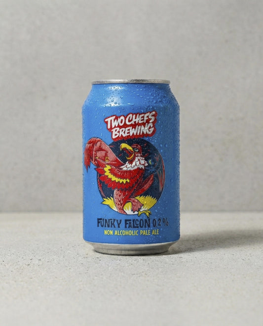 Two Chefs Brewing Funky Falcon can front view on concrete background