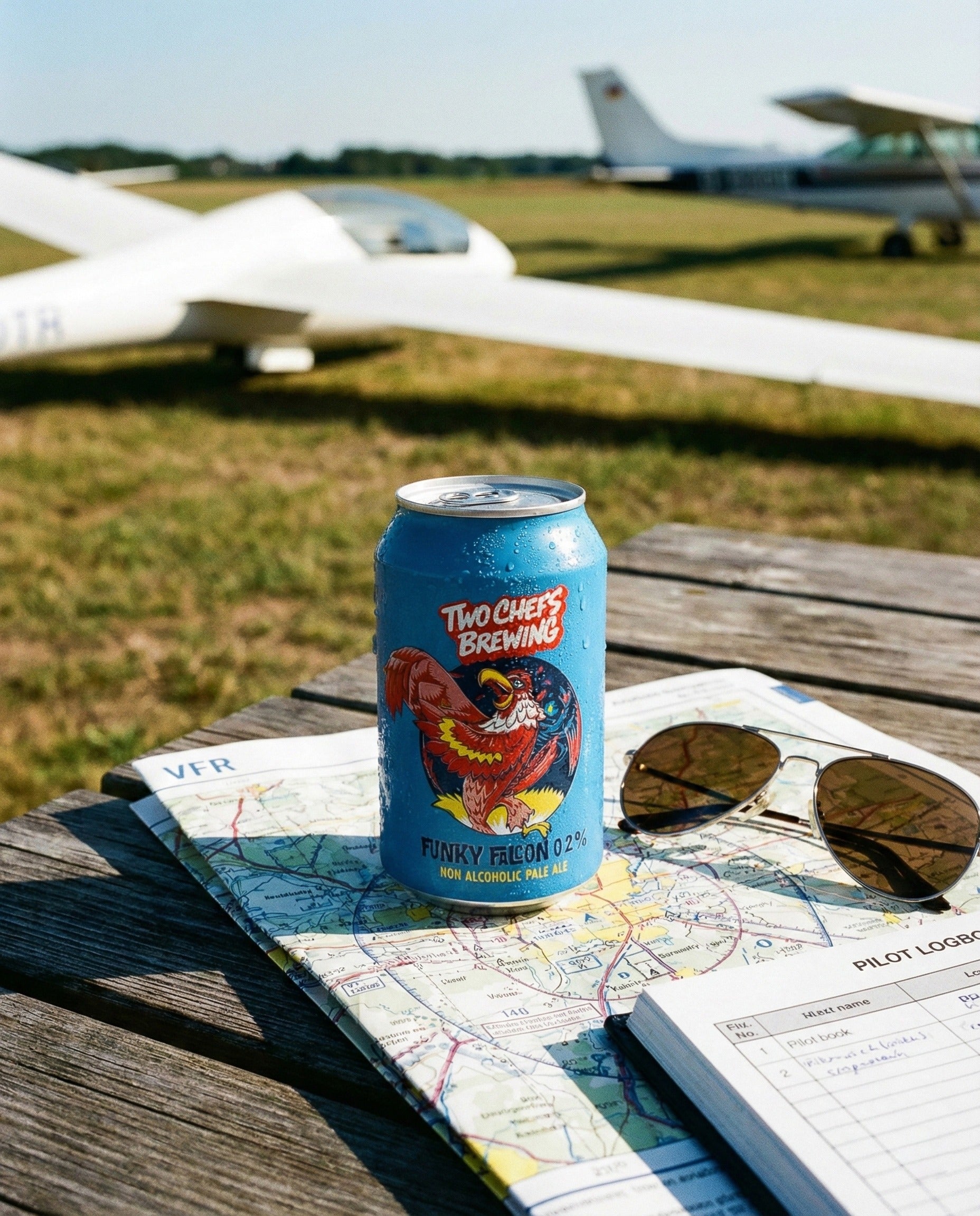 Two Chefs Brewing Funky Falcon can on wooden table with VFR chart, aviator sunglasses, pilot logbook at airfield
