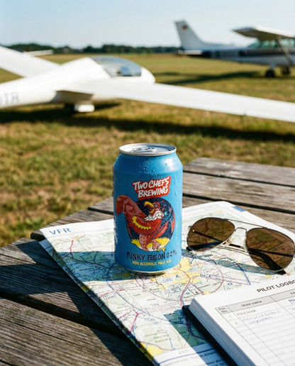 Two Chefs Brewing Funky Falcon can on wooden table with VFR chart, aviator sunglasses, pilot logbook at airfield