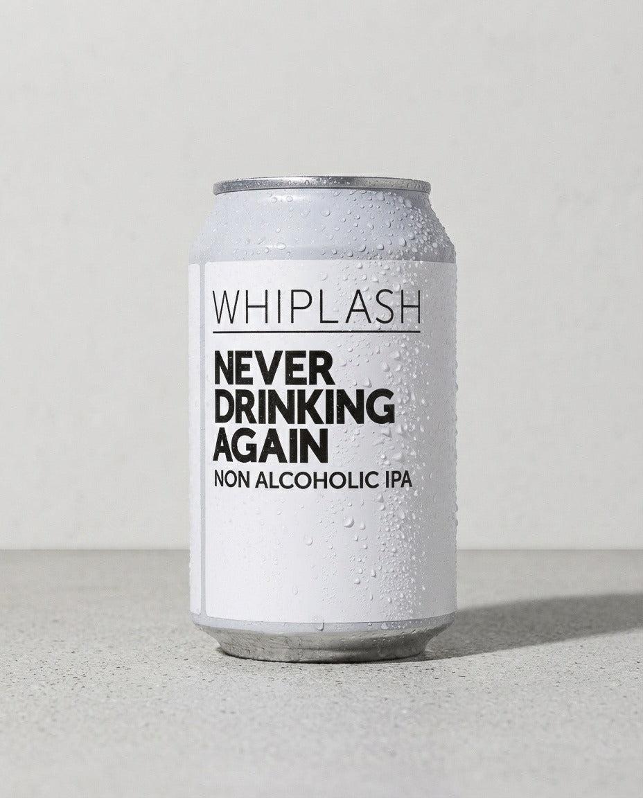 Whiplash Never Drinking Again can front view on concrete background