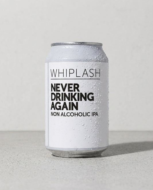 Whiplash Never Drinking Again can front view on concrete background